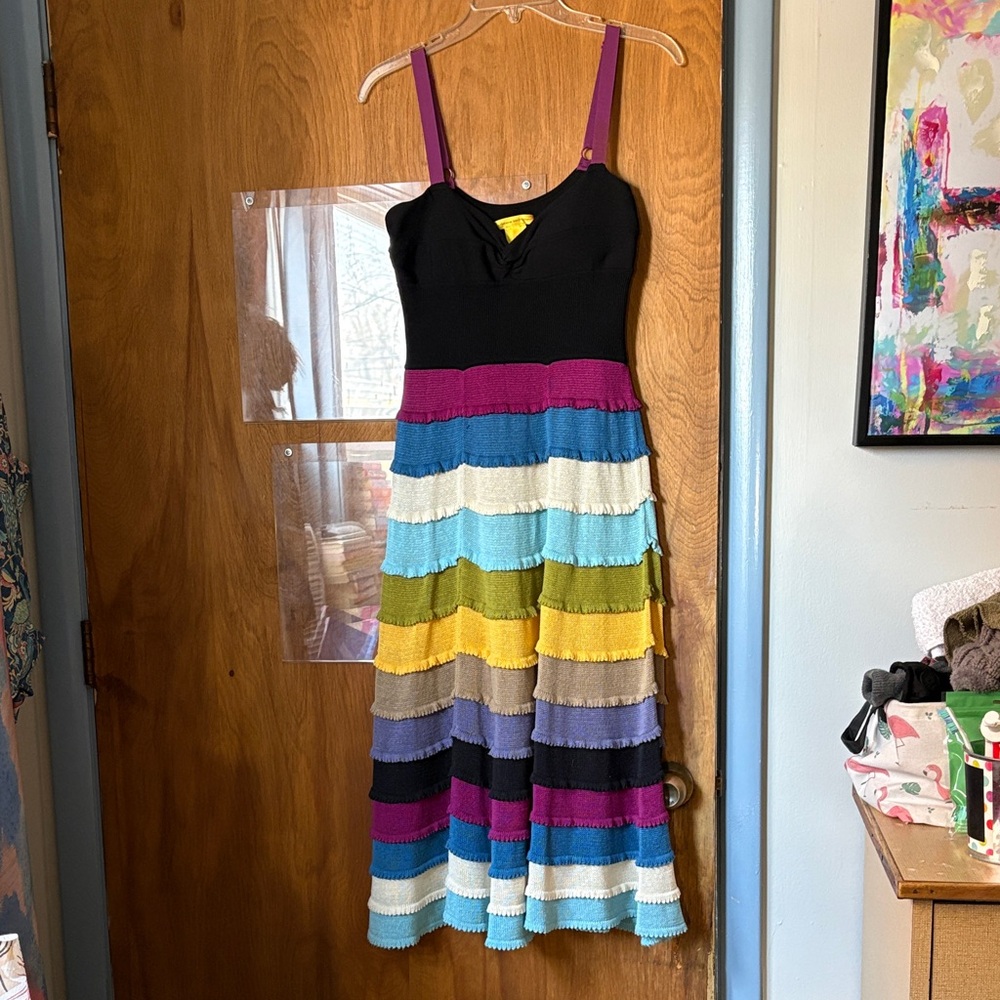 Catherine Malandrino Black and Multicolor Striped Midi Dress